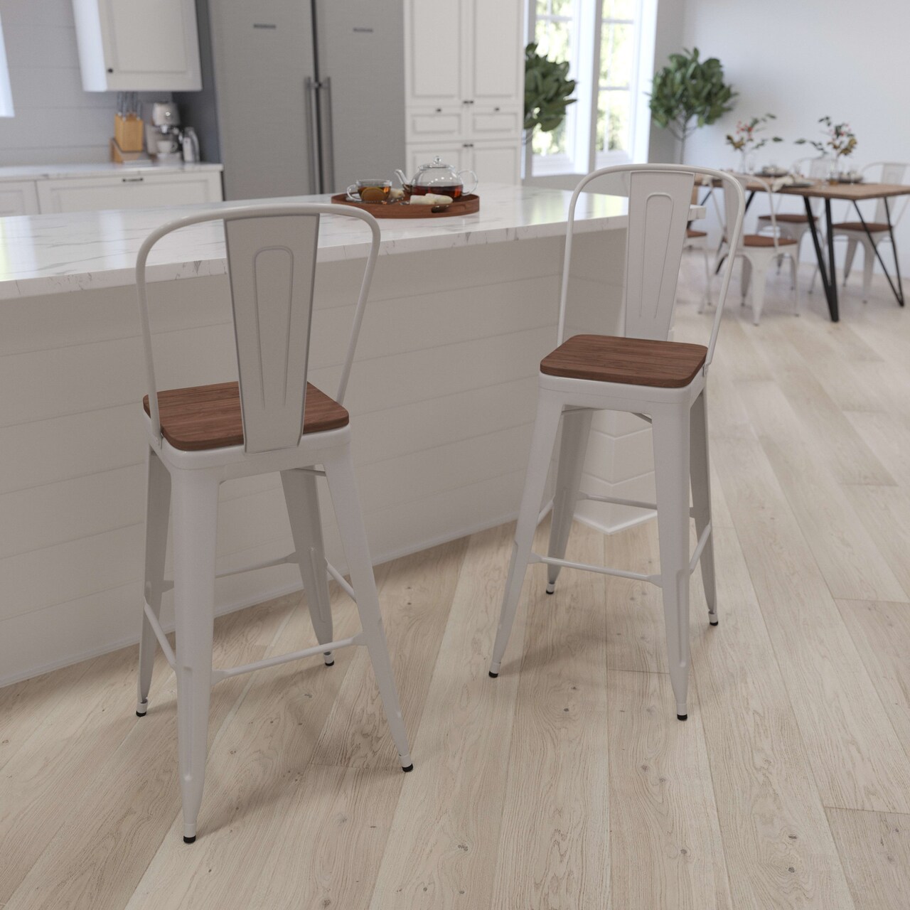 Merrick Lane Dothan Metal Dining Stool with Curved Slatted Back and Textured Wood Seat